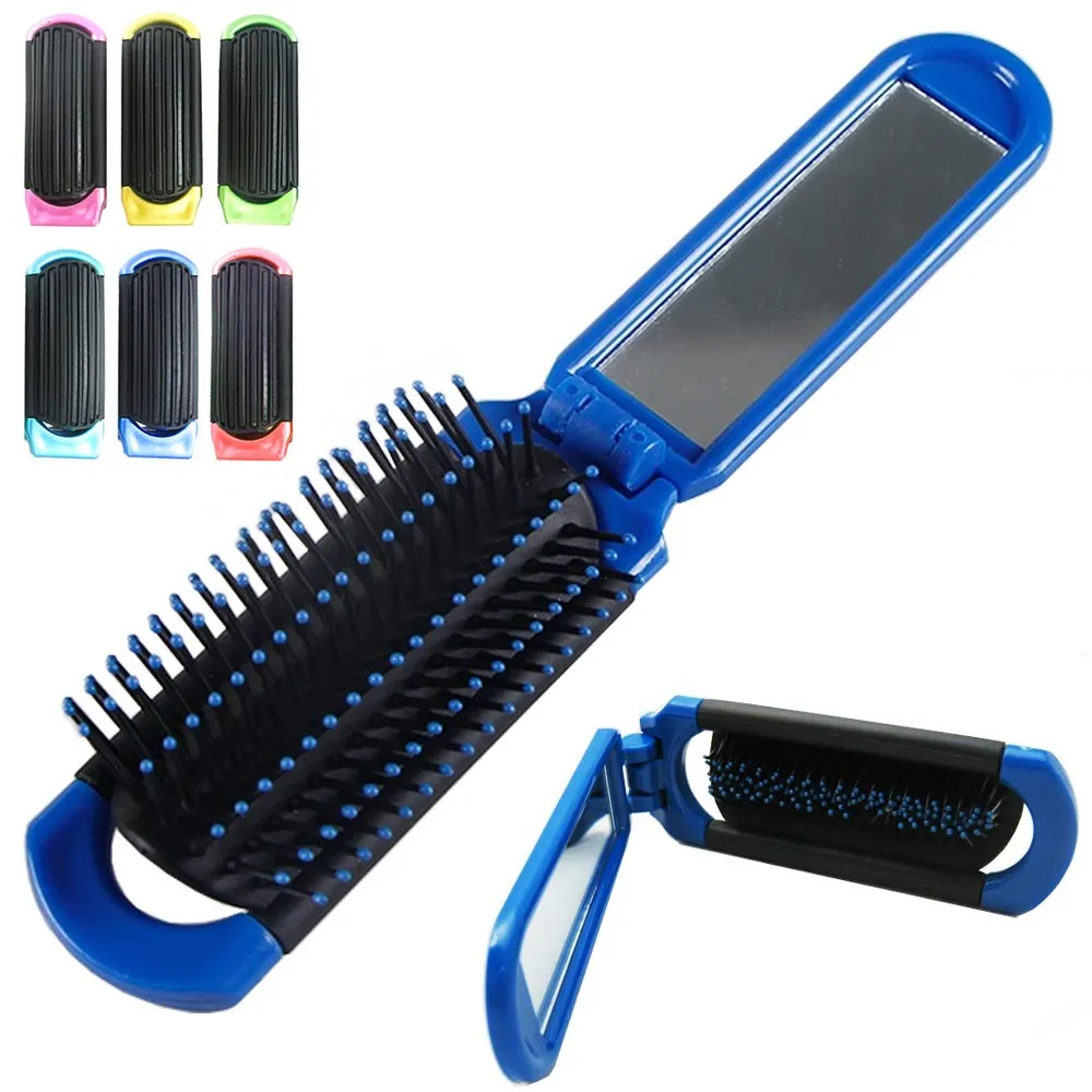 5 Pc Compact Folding Hair Brush With Mirror Handbag Pocket Size Gym Bag Purse