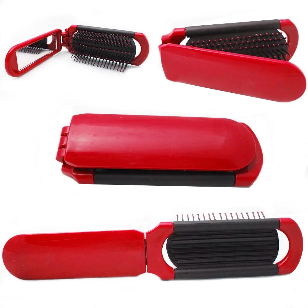 5 Pc Compact Folding Hair Brush With Mirror Handbag Pocket Size Gym Bag Purse