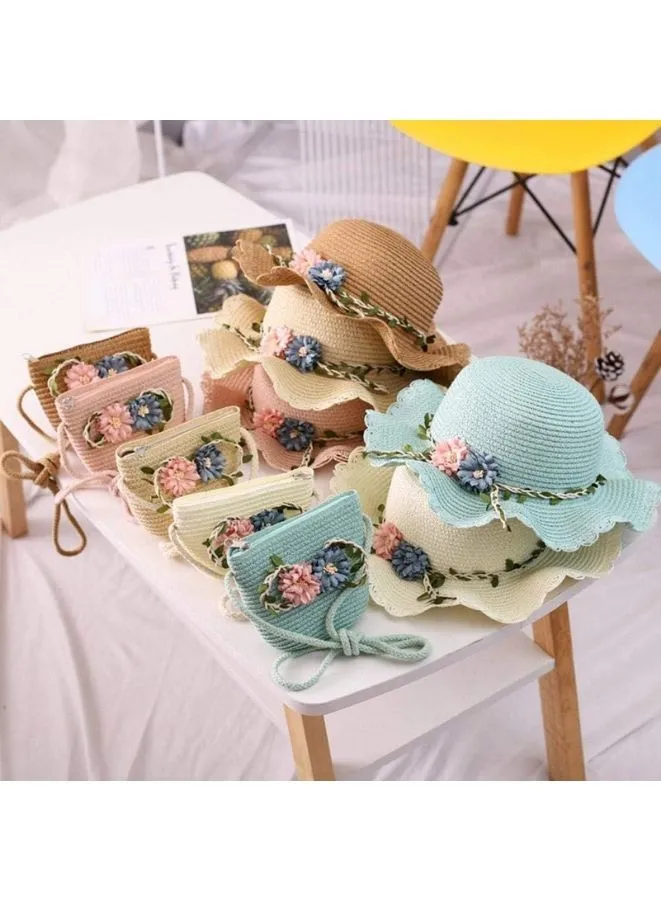 Adorable Kids Baby Girls Straw  Beach Hat with Wide Brim and Coordinated Shoulder Bag Set