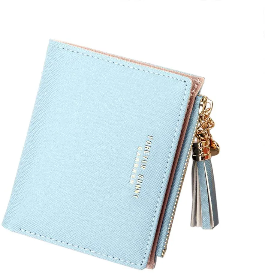Belsmi Women's Small Compact Slim Leather Mini Wallet Lady Purse Zipper Pocket Card Organizer Bifold Wallets (Blue)
