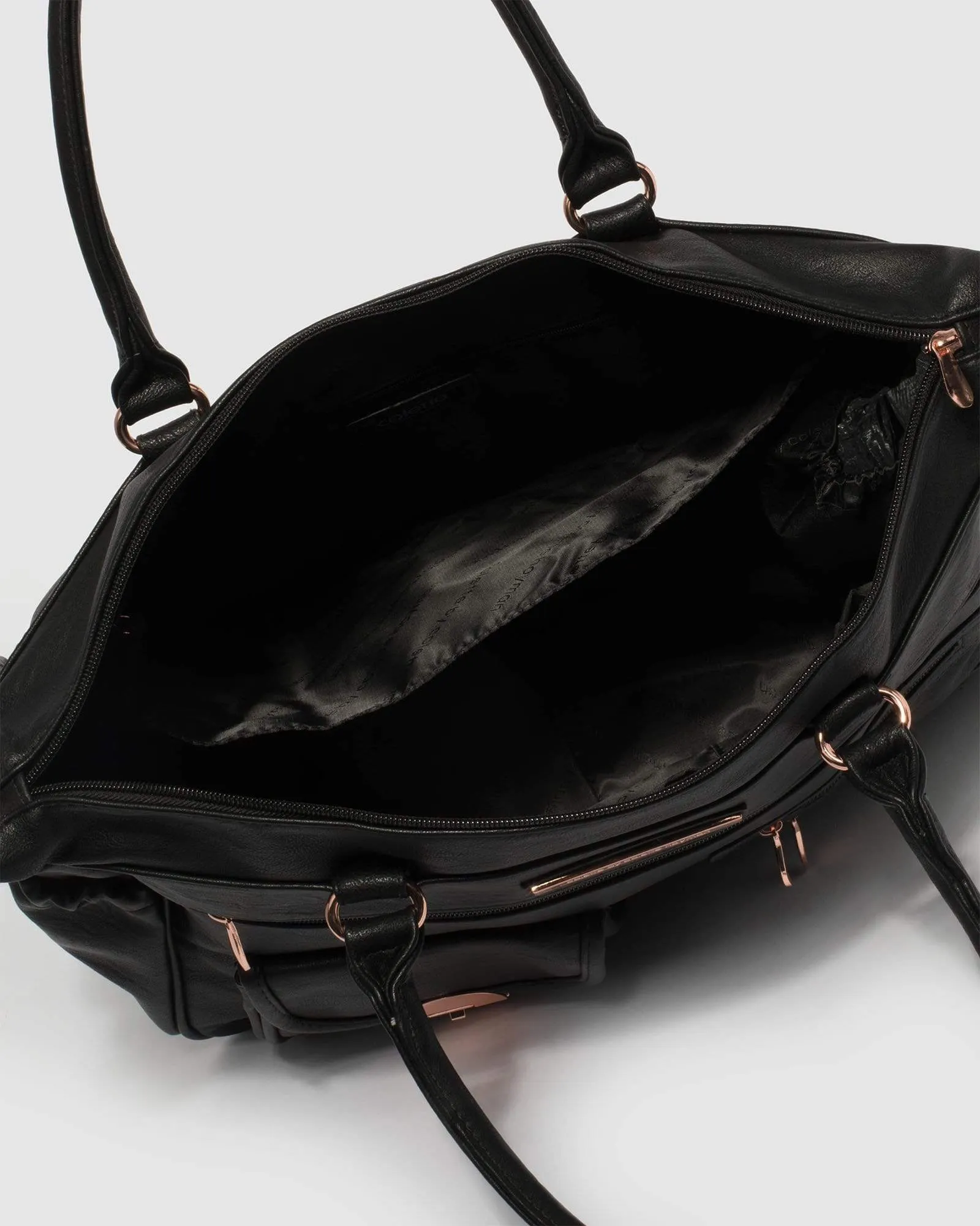 Black  Pocket And Zip Baby Bag With Rose Gold Hardware