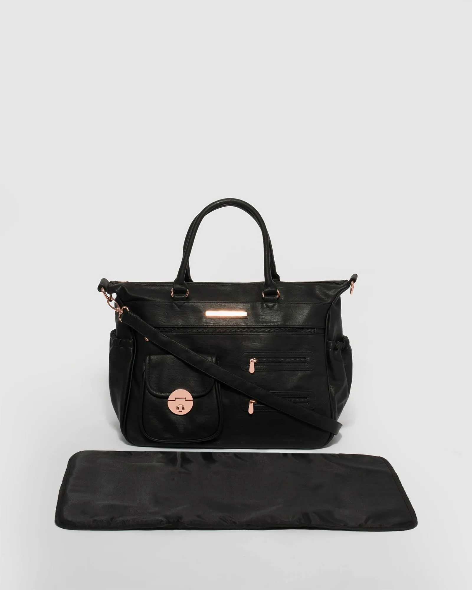 Black  Pocket And Zip Baby Bag With Rose Gold Hardware
