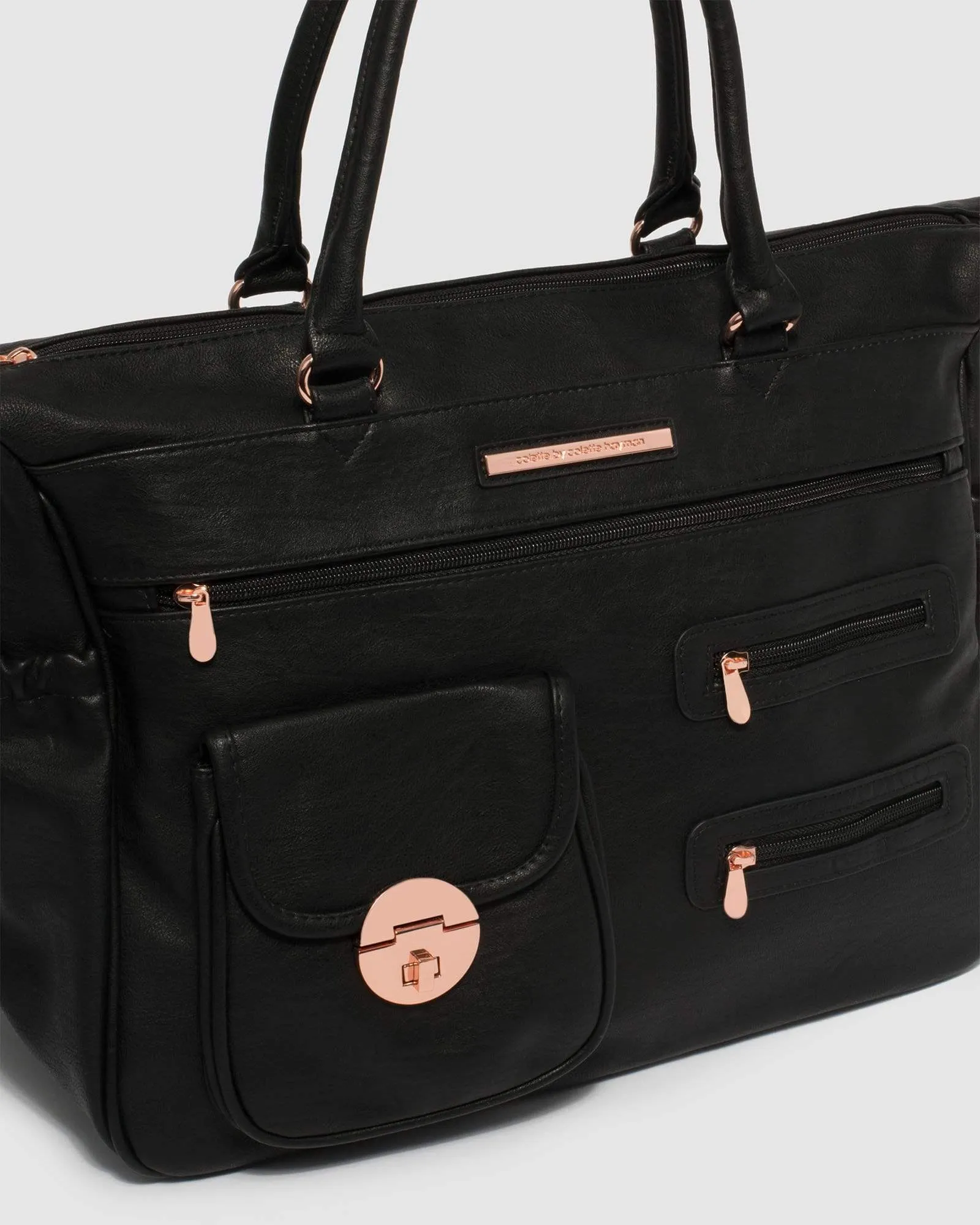 Black  Pocket And Zip Baby Bag With Rose Gold Hardware