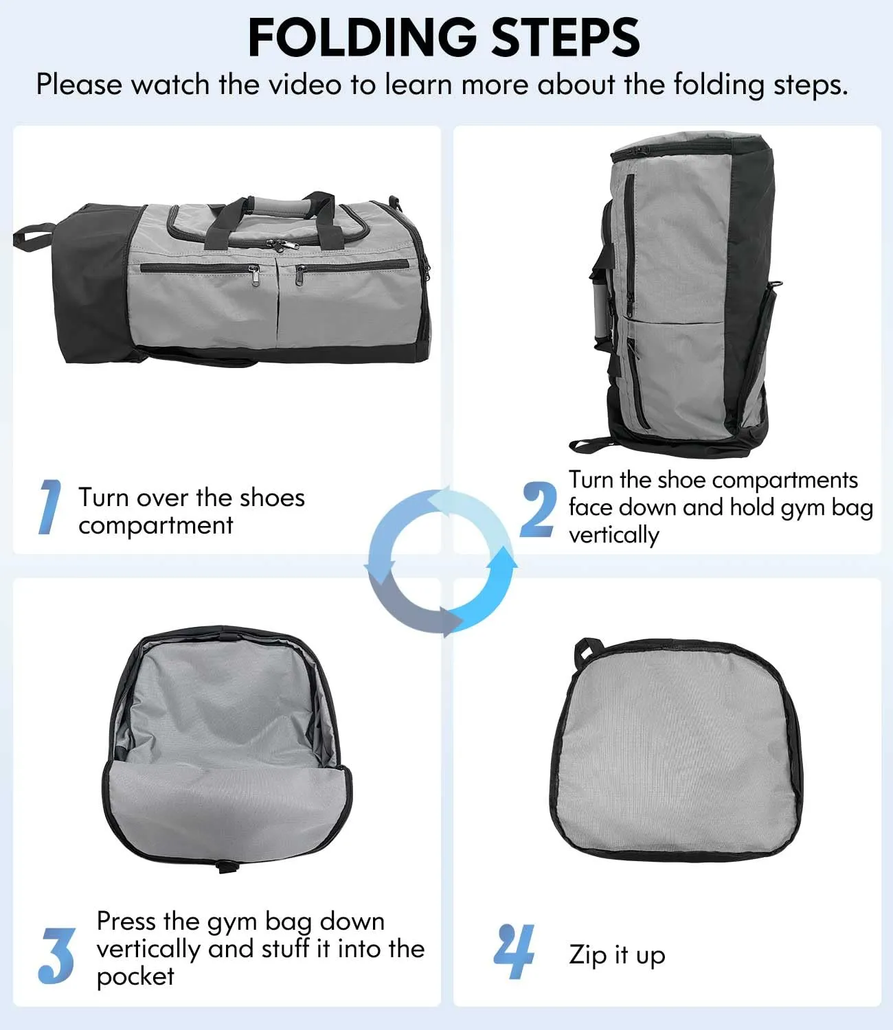 Gym Bag for Men Women, Foldable Travel Duffel Bags with Shoe Compartment & Wet Pocket, Lightweight Weekender Overnight Duffle Bag, Water Resistant Workout Sports Bag, Grey