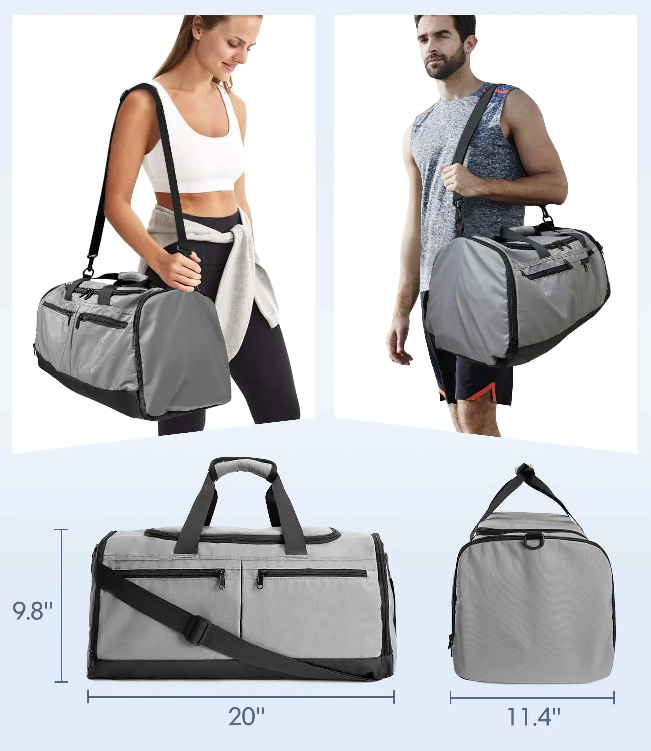 Gym Bag for Men Women, Foldable Travel Duffel Bags with Shoe Compartment & Wet Pocket, Lightweight Weekender Overnight Duffle Bag, Water Resistant Workout Sports Bag, Grey