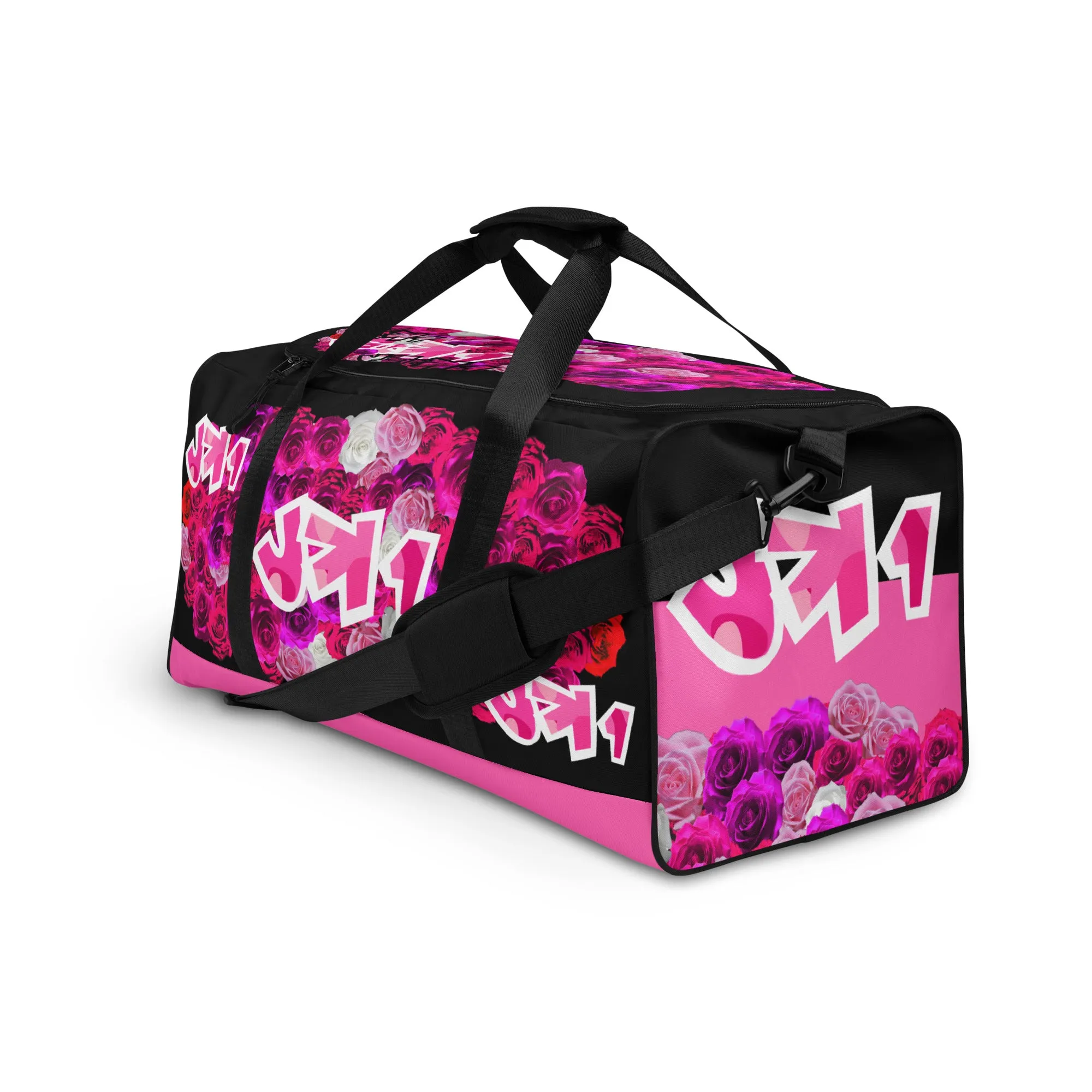 GYM DUFFLE BAG (Premium): PINK ROSES BOUQUET (BLACK)