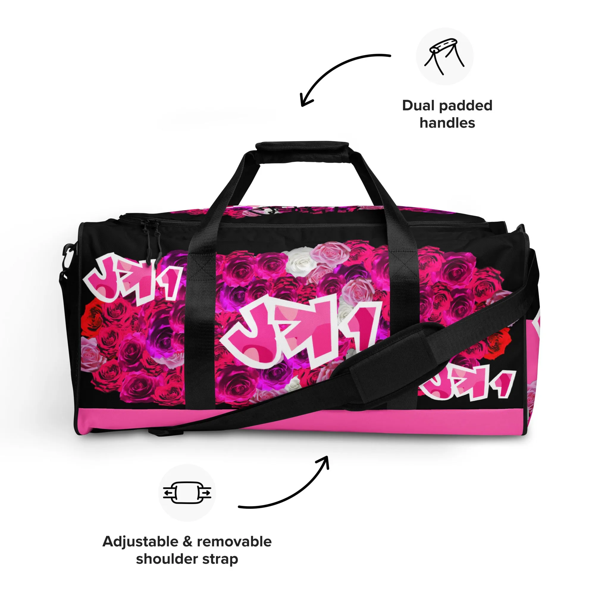 GYM DUFFLE BAG (Premium): PINK ROSES BOUQUET (BLACK)