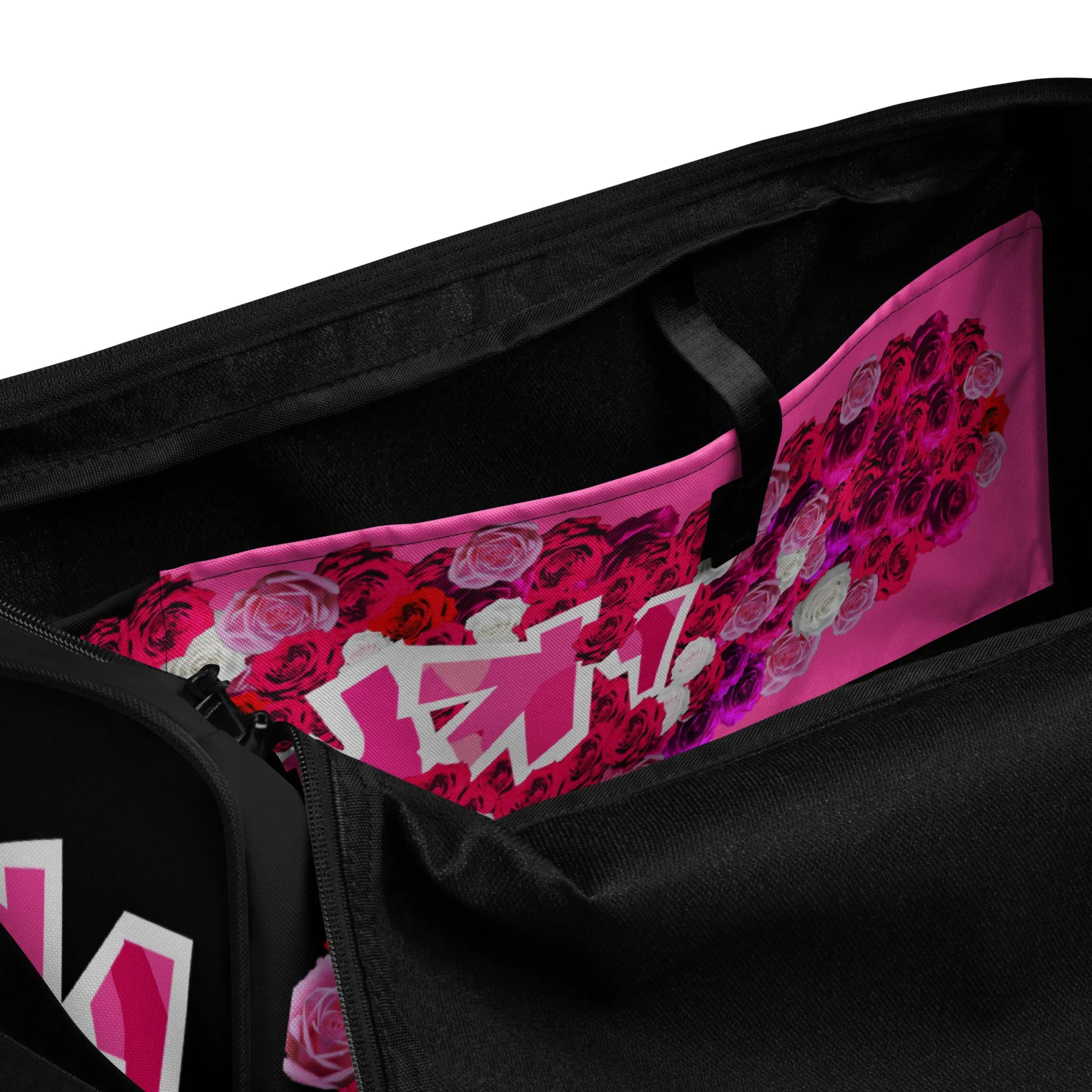 GYM DUFFLE BAG (Premium): PINK ROSES BOUQUET (BLACK)