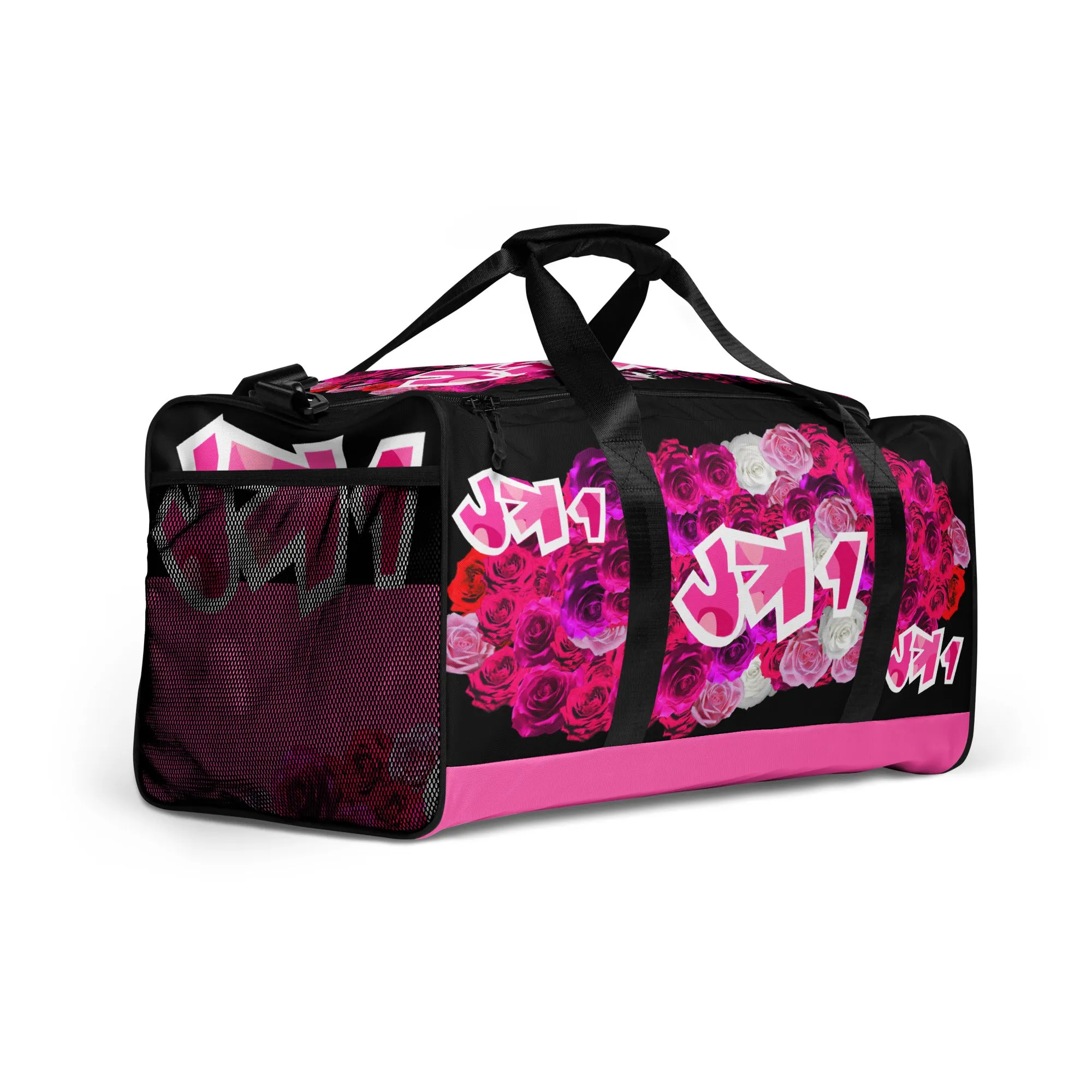 GYM DUFFLE BAG (Premium): PINK ROSES BOUQUET (BLACK)