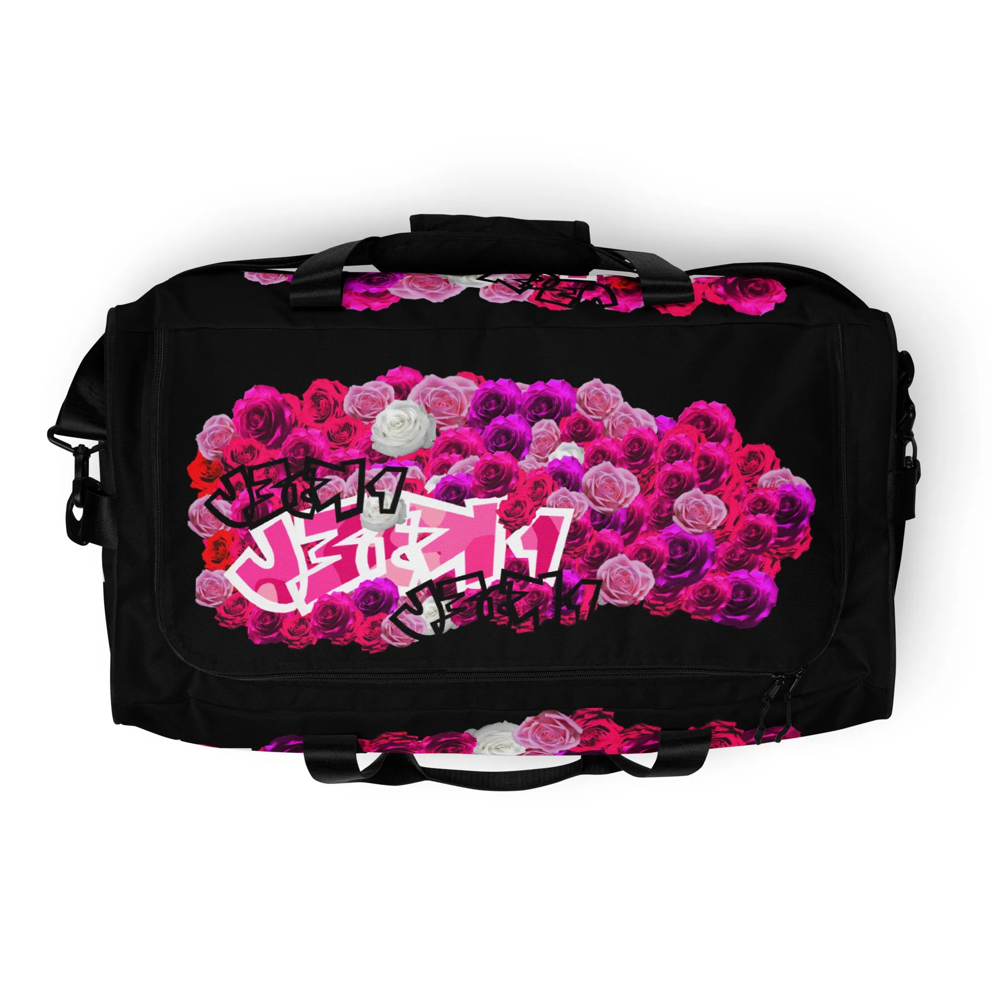 GYM DUFFLE BAG (Premium): PINK ROSES BOUQUET (BLACK)