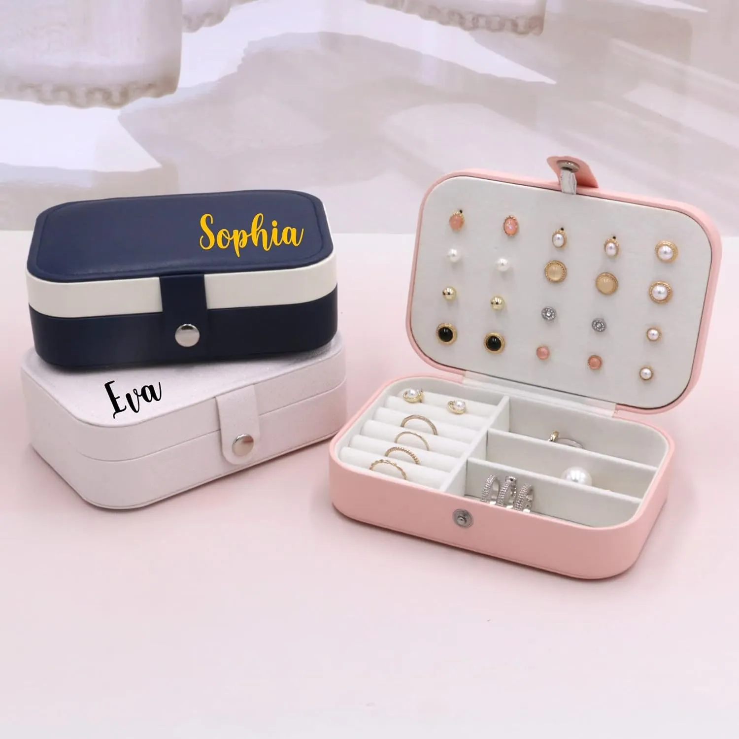 Jewelry Box For Girls | PU Leather Travel Jewelry Case | Jewelry Boxes For Women | Jewelry Organizers And Storage | Box For Earring, Ring, Necklace - Bridesmaid Gifts For Women (Pink)