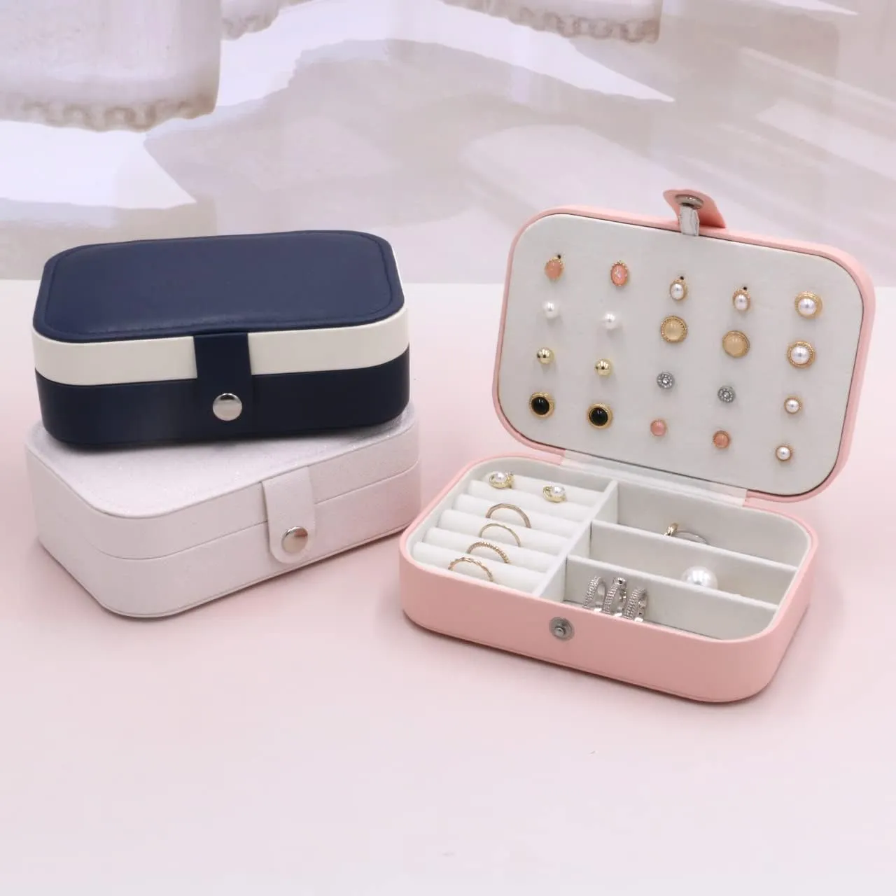 Jewelry Box For Girls | PU Leather Travel Jewelry Case | Jewelry Boxes For Women | Jewelry Organizers And Storage | Box For Earring, Ring, Necklace - Bridesmaid Gifts For Women (Pink)