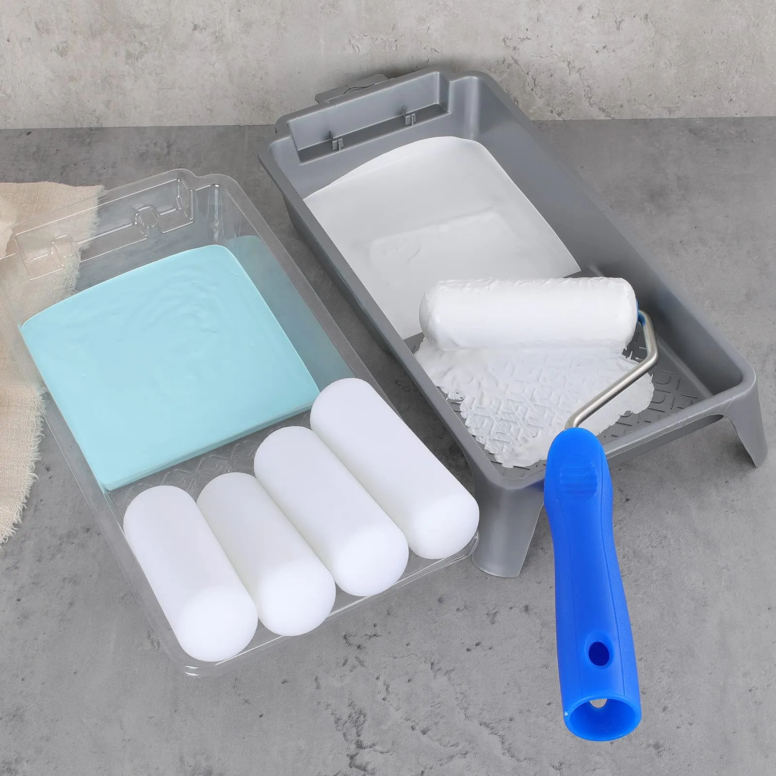 Mister Rui Foam Paint Roller, 8 Pack 4 Inch Paint Roller Kit, Complete 4" Mini Paint Roller Kit with Small Foam Paint Roller Covers, Frame, Tray and Liner for Professional Painting Results