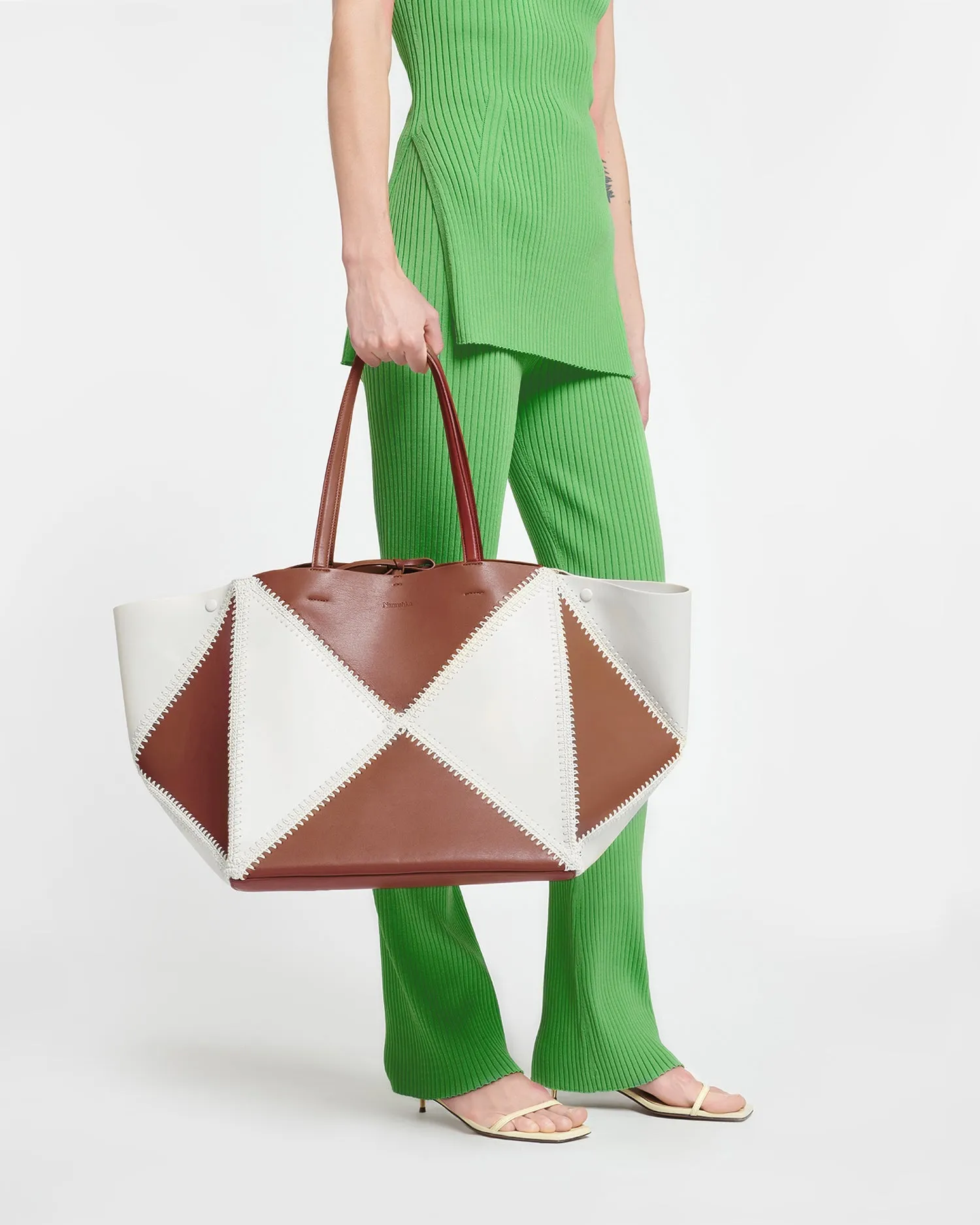 Origami Tote Large - Alt-Nappa Crochet Tote - Off White/Tan/Crme