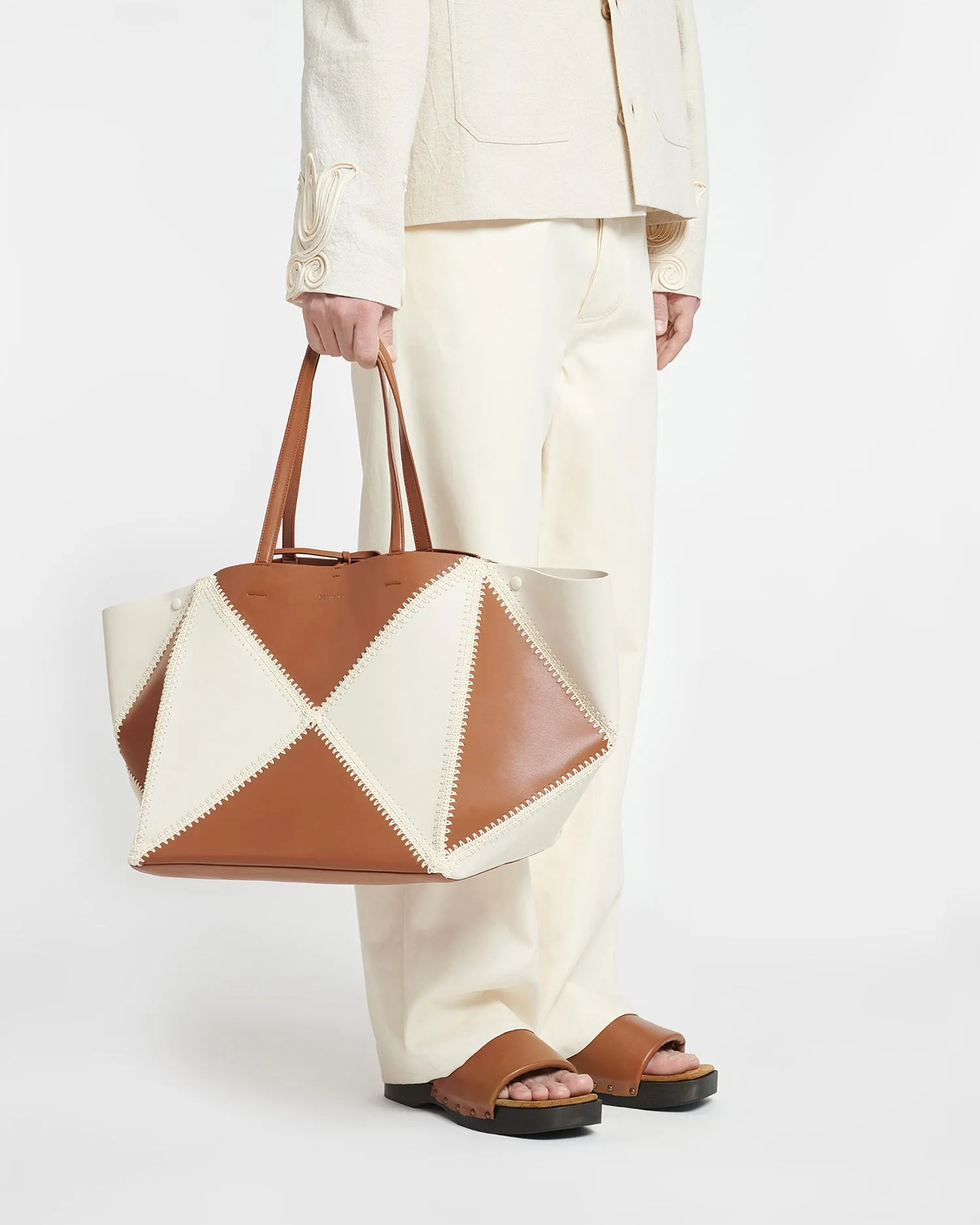 Origami Tote Large - Alt-Nappa Crochet Tote - Off White/Tan/Crme