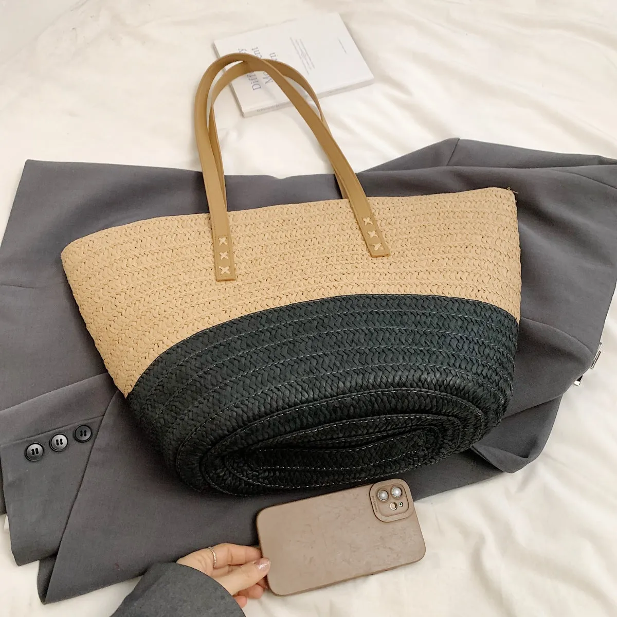 Sienna Two Tone Straw Tote Beach Bag