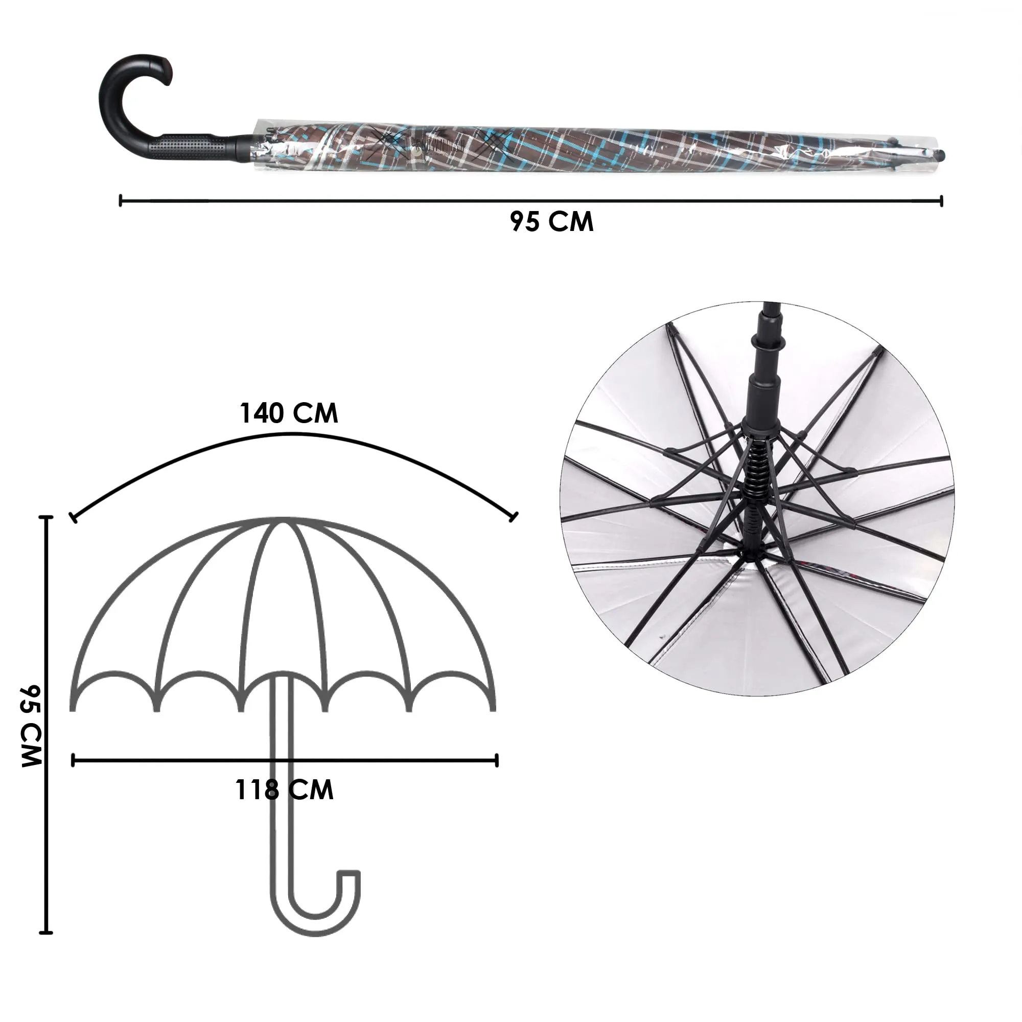 THE CLOWNFISH Umbrella Crescenta Series Single Fold Auto Open J- shape Handle Waterproof Taffeta Polyester 190 T Umbrellas For Men and Women (Checks Design-Dark Brown)