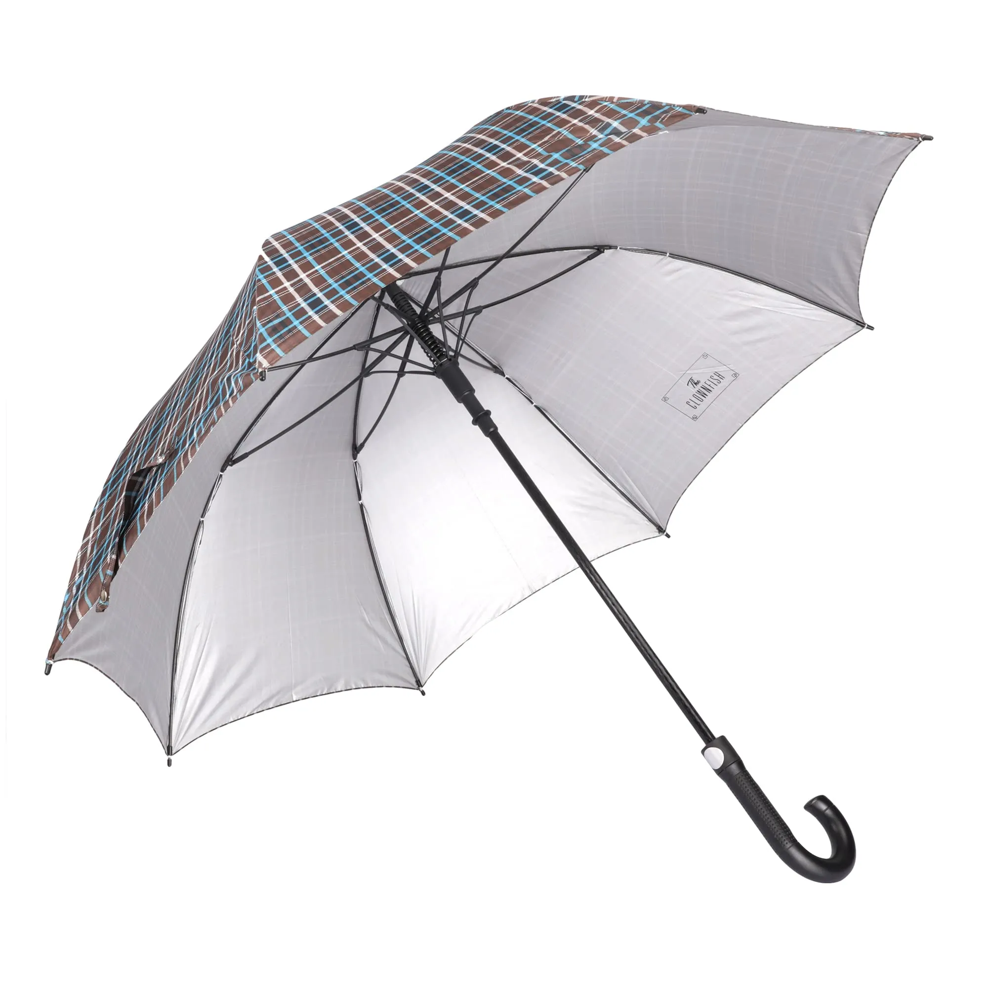 THE CLOWNFISH Umbrella Crescenta Series Single Fold Auto Open J- shape Handle Waterproof Taffeta Polyester 190 T Umbrellas For Men and Women (Checks Design-Dark Brown)