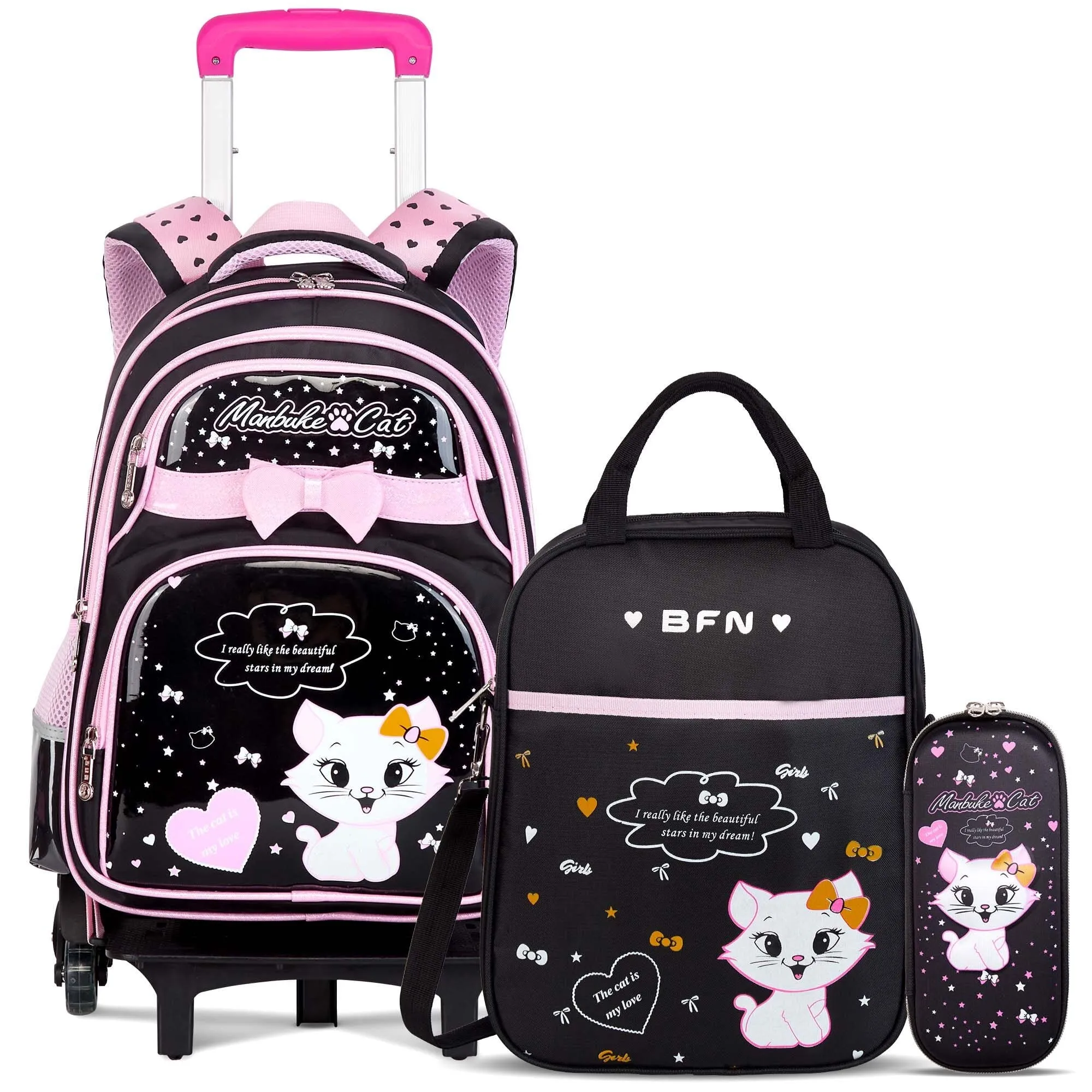 Vbiger Rolling Backpack 6-Wheel Kids Backpacks Black Waterproof School Bag with Lunch Bag  Pen Case