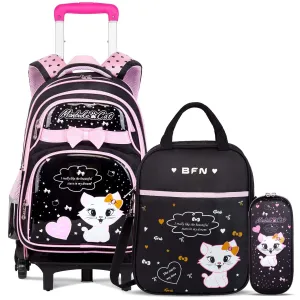 Vbiger Rolling Backpack 6-Wheel Kids Backpacks Black Waterproof School Bag with Lunch Bag  Pen Case