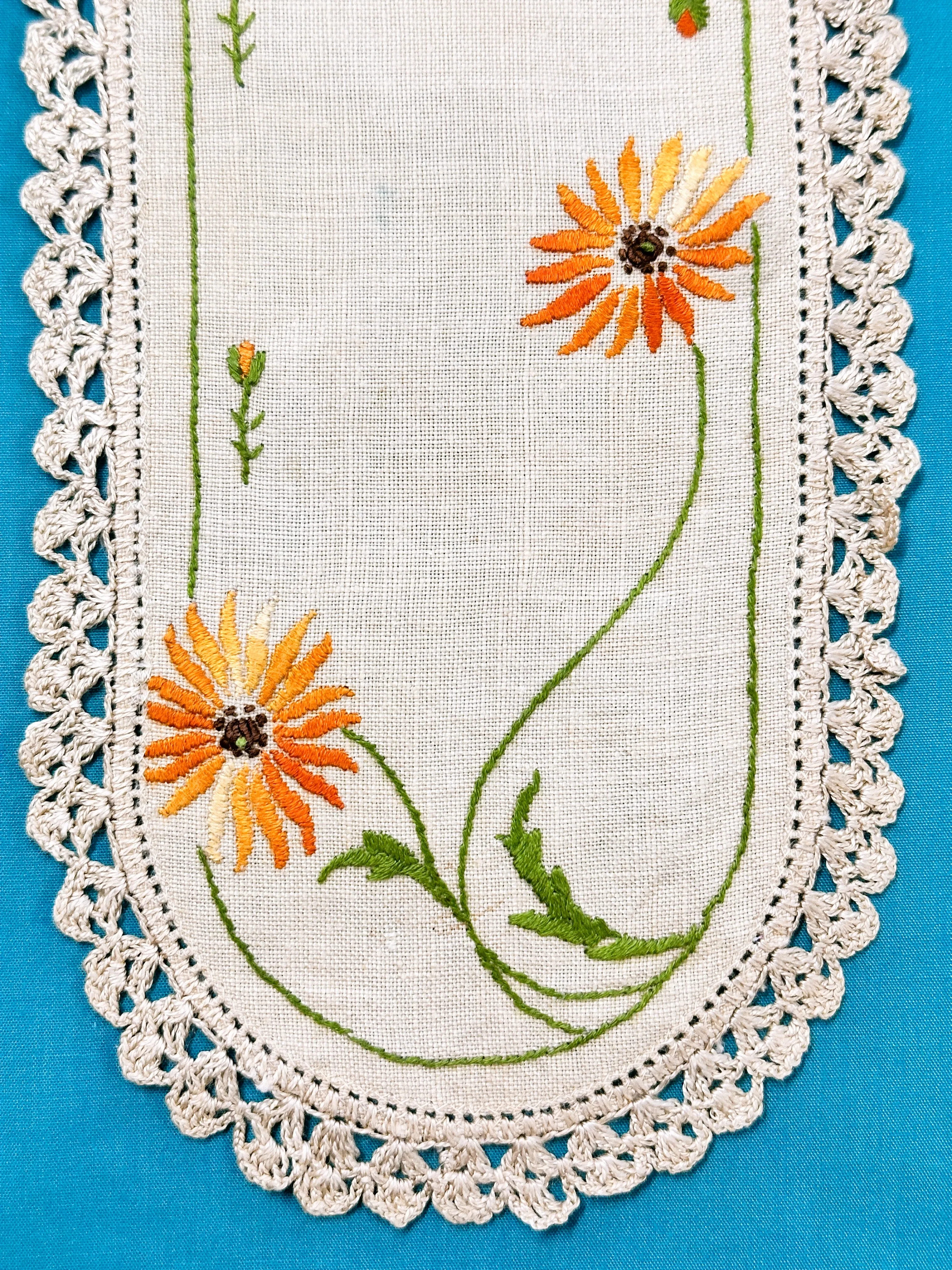 Vintage Hand Worked Embroidered Ecru Doily Orange Flowers & Buds 30.5cm x 12.5cm