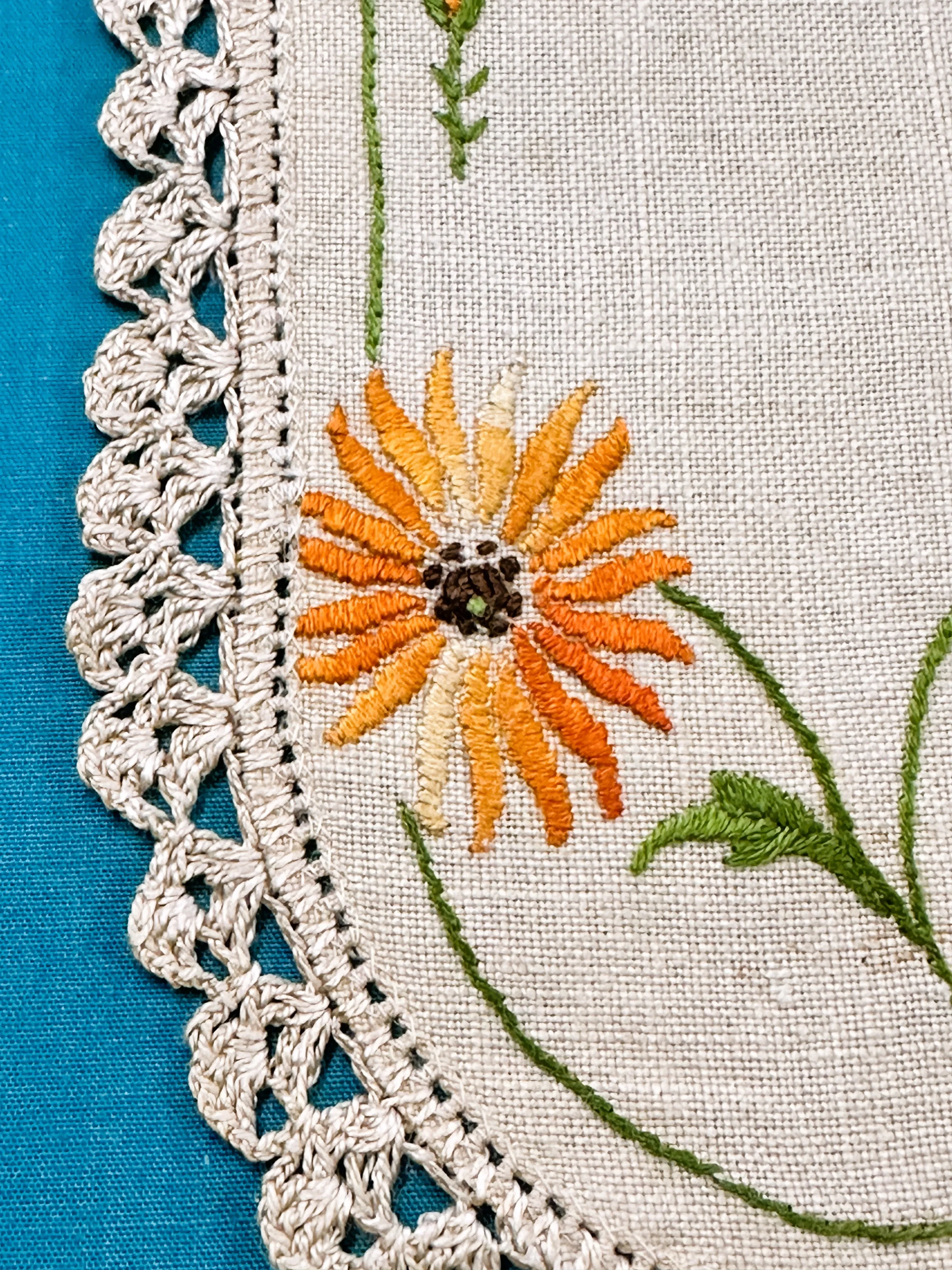 Vintage Hand Worked Embroidered Ecru Doily Orange Flowers & Buds 30.5cm x 12.5cm