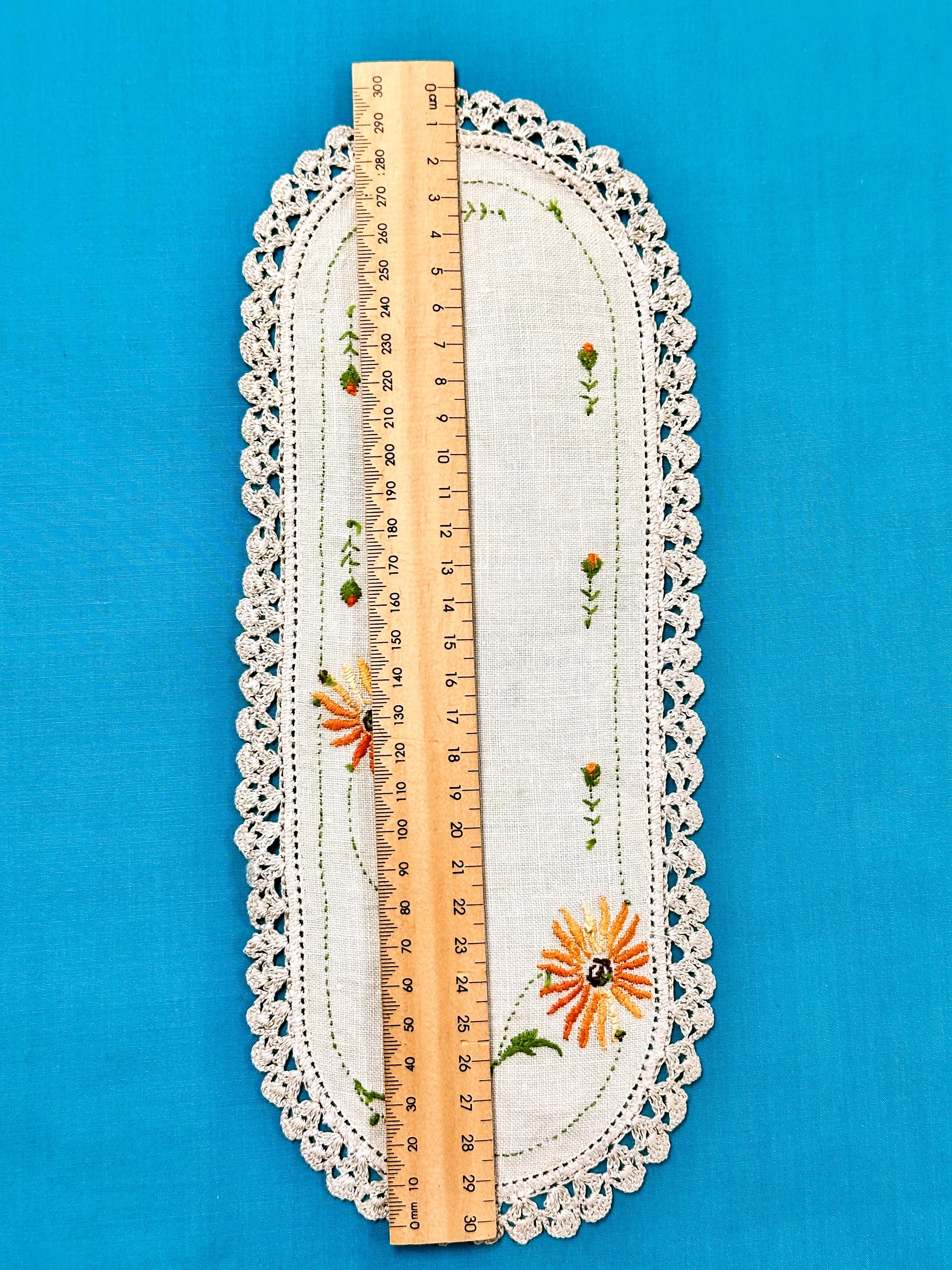 Vintage Hand Worked Embroidered Ecru Doily Orange Flowers & Buds 30.5cm x 12.5cm