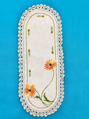 Vintage Hand Worked Embroidered Ecru Doily Orange Flowers & Buds 30.5cm x 12.5cm