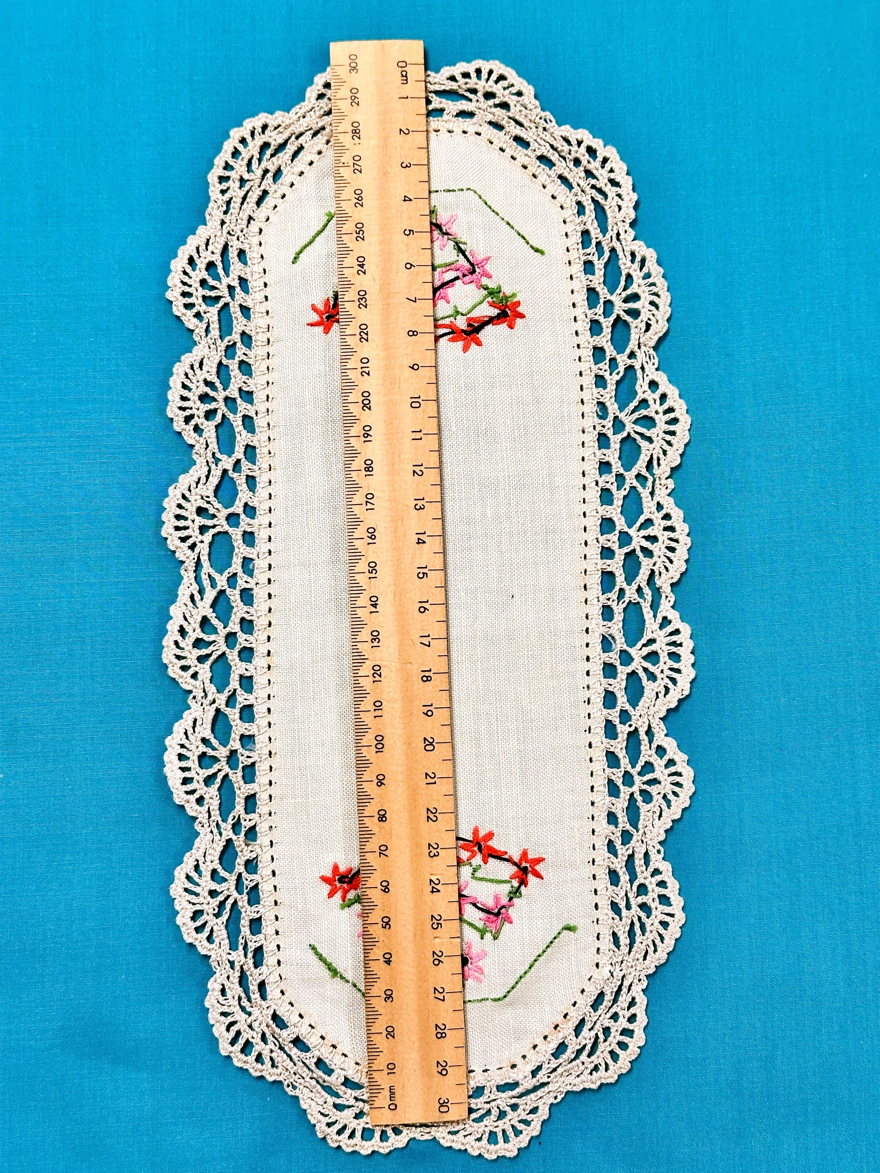 Vintage Hand Worked Embroidered Ecru Doily Rows of Small Flowers 31.5cm x 15cm