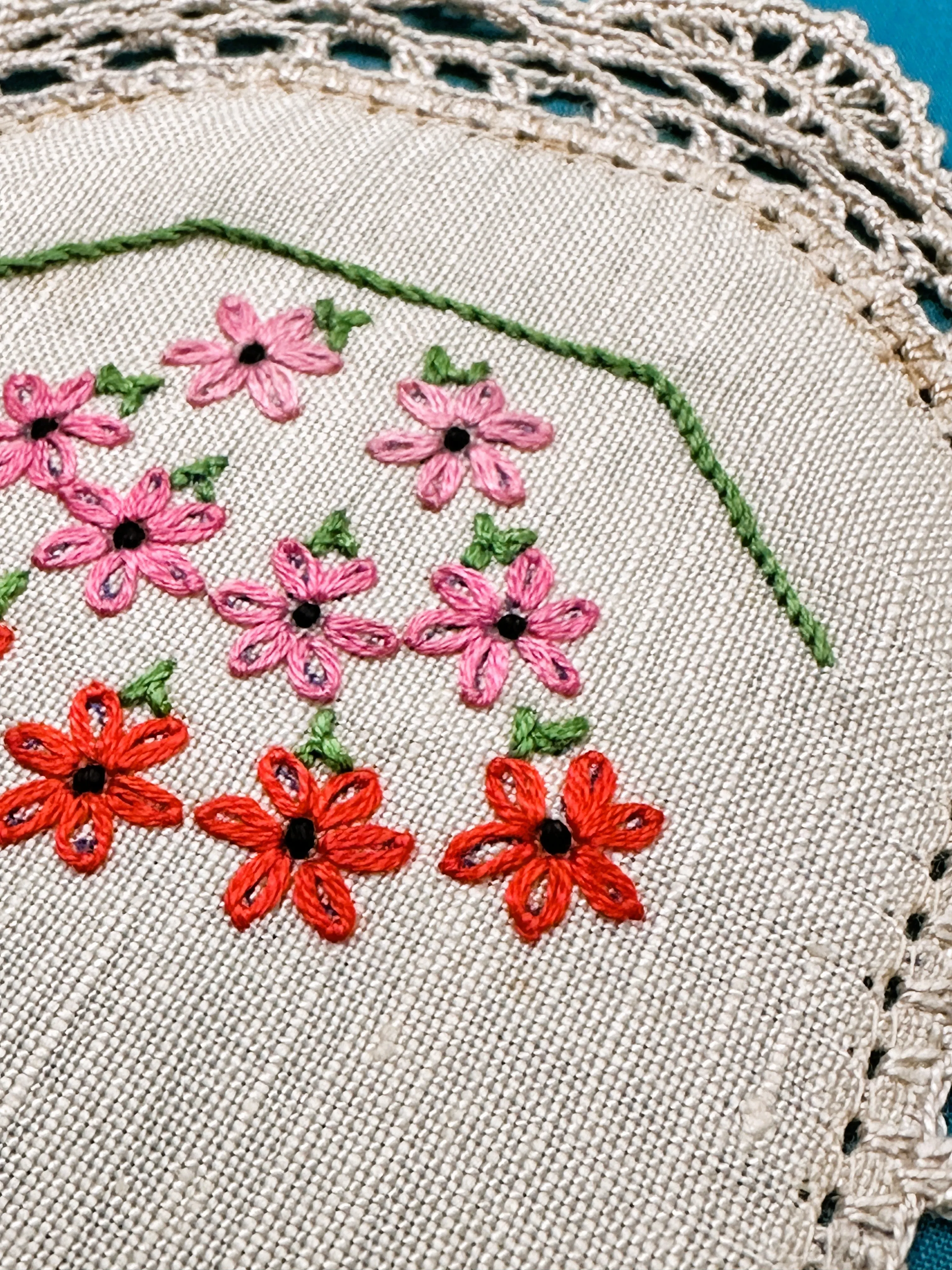 Vintage Hand Worked Embroidered Ecru Doily Rows of Small Flowers 31.5cm x 15cm