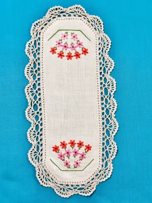 Vintage Hand Worked Embroidered Ecru Doily Rows of Small Flowers 31.5cm x 15cm